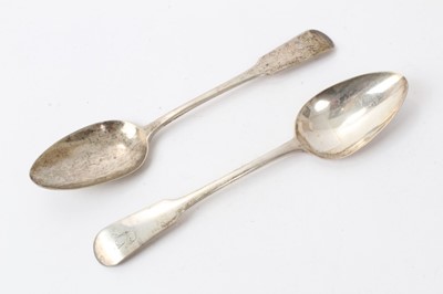 Lot 533 - Pair of Georgian Scottish Provincial silver fiddle pattern table spoons with engraved initials and marks for Mark Hinchsliffe of Dumfries circa. 1830.