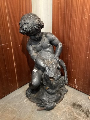 Lot 1475 - Antique painted cast iron garden fountain, in the form of a cherub grappling with a crocodile, 80cm high