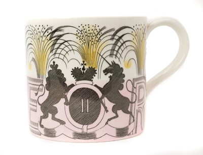 Lot 153 - Eric Ravilious for Wedgwood- The Coronation of H.M.Queen Elizabeth II 1953, scarce Wedgwood Souvenir mug with stylised Royal Arms, ER and 1953, marks to base 10.4cm high, 10.6cm diameter