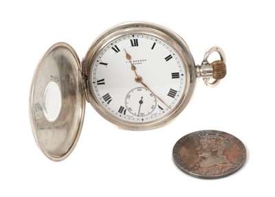 Lot 152 - 1937 Coronation of King George VI J.W. Benson Ltd silver half hunter pocket watch in case with coronation medallion.
