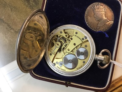 Lot 152 - 1937 Coronation of King George VI J.W. Benson Ltd silver half hunter pocket watch in case with coronation medallion.