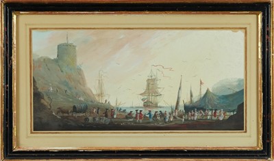 Lot 1322 - Attributed to Claude-Joseph Vernet (Avignon 1714 - 1789 Paris), watercolour and bodycolour - A Dutch Man-o'-War preparing to leave her Mediterranean anchorage, signed with initials and dated 1752,...