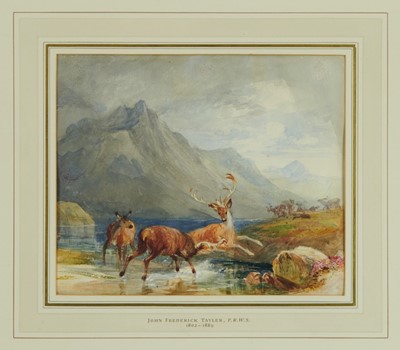 Lot 1123 - John Frederick  Taylor, P.R.W.S., (1802-1889) pencil and watercolour heightened with white - Rutting Stags, 18.5cm x 22cm, in glazed gilt frame