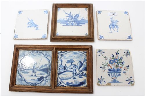 Lot 112 - Five 18th century Delft blue and white tiles -...
