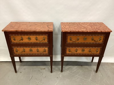 Lot 1480 - Good pair of Edwardian marble topped mahogany and satinwood bedside commodes, with two drawers, raised on square tapered legs and gilt sabots. Purchased Aspreys, mid 1960s