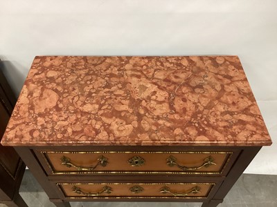 Lot 1480 - Good pair of Edwardian marble topped mahogany and satinwood bedside commodes, with two drawers, raised on square tapered legs and gilt sabots. Purchased Aspreys, mid 1960s