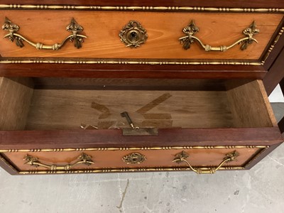 Lot 1480 - Good pair of Edwardian marble topped mahogany and satinwood bedside commodes, with two drawers, raised on square tapered legs and gilt sabots. Purchased Aspreys, mid 1960s