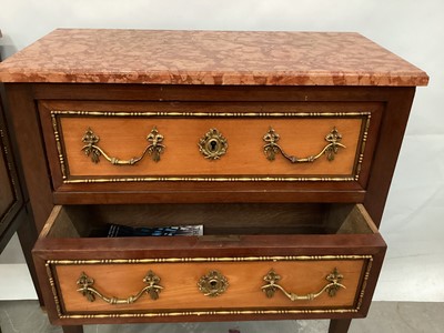 Lot 1480 - Good pair of Edwardian marble topped mahogany and satinwood bedside commodes, with two drawers, raised on square tapered legs and gilt sabots. Purchased Aspreys, mid 1960s