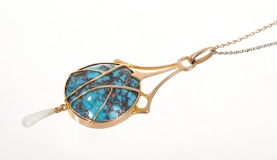 Lot 763 - Edwardian 15ct gold turquoise and freshwater pearl pendant on gold and platinum trace chain