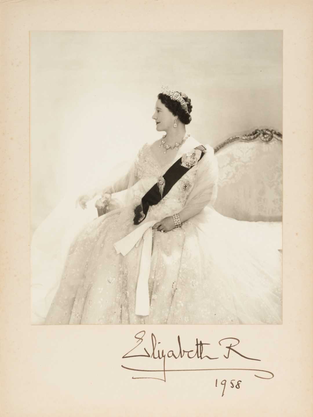 Lot 135 - H.M.Queen Elizabeth The Queen Mother, signed 1958 presentation portrait photograph by Cecil Beaton of Her Majesty wearing a beautiful ball gown, diamonds, Order of The Garter and Royal Family Order...