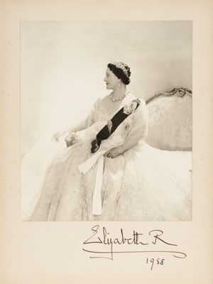 Lot 119 - H.M.Queen Elizabeth The Queen Mother, signed 1958 presentation portrait photograph by Cecil Beaton of Her Majesty wearing a beautiful ball gown, diamonds, Order of The Garter and Royal Family Order...