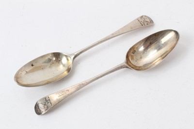 Lot 561 - Pair of George III Old English pattern table spoons, with engraved crests, (London 1765), previously retailed by Asprey, in Asprey box with tag, all at 3.5ozs.