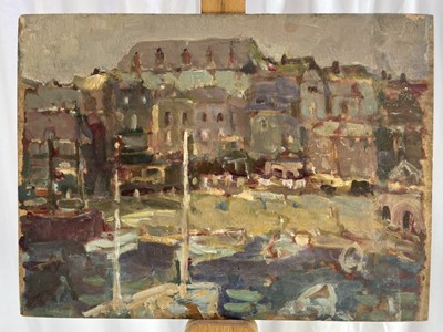 Lot 1337 - Thomas Brown Yates (1882-1968) oil on panel - A Harbour, 30cm x 40cm, unframed
