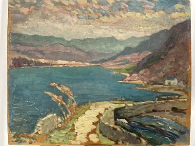 Lot 1338 - Thomas Brown Yates (1882-1968) two oils on panel - A Lake, 33cm x 41cm, and Extensive Landscape, 30cm x 41cm, unframed (2)