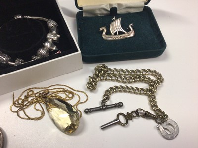 Lot 58 - 1960s silver bangle, silver ingot pendant on chain, other jewellery and Pandora charm bracelet in box