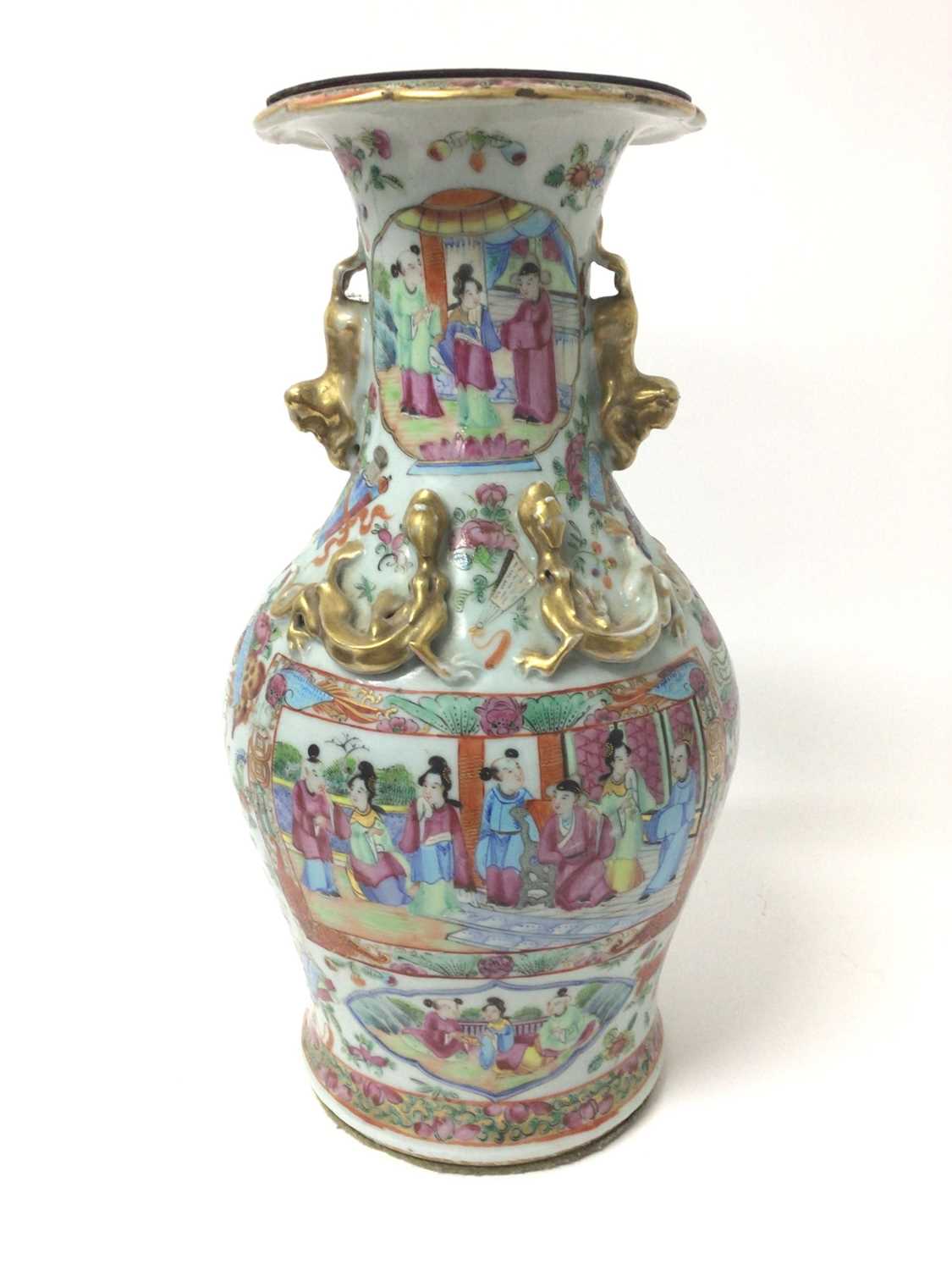 Lot 12 - 19th century Chinese Canton famille rose baluster vase, converted to a lamp, decorated with figural panels on a ground of precious objects, flowers and insects, with foo dog handles and moulded dra...