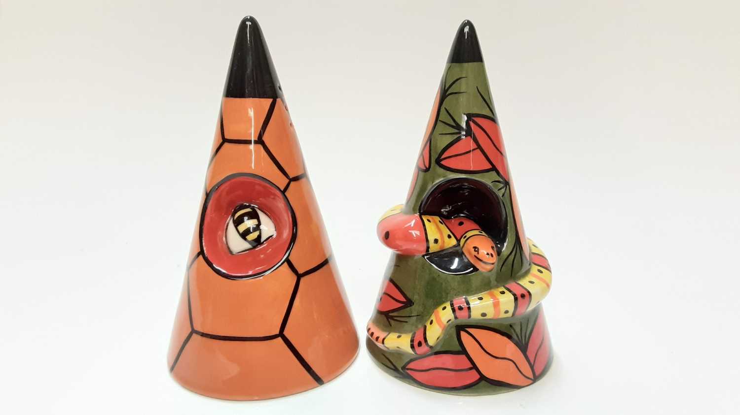 Lot 1174 - Two Lorna Bailey limited edition sifters, one with bee in honeycomb, the other with snake, no 90 and 193 of 250