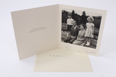 Lot 140 - H.M.Queen Elizabeth II and H.R.H. The Duke of Edinburgh, signed 1955 Christmas card with gilt crown to cover, charming photograph of the Royal couple with Prince Charles and Orincess Anne signed '...