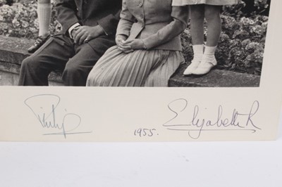 Lot 140 - H.M.Queen Elizabeth II and H.R.H. The Duke of Edinburgh, signed 1955 Christmas card with gilt crown to cover, charming photograph of the Royal couple with Prince Charles and Orincess Anne signed '...