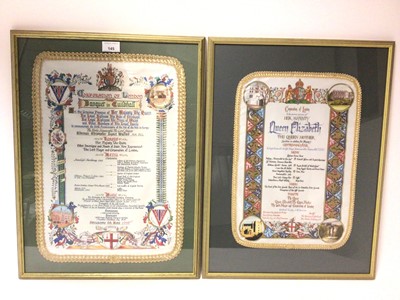 Lot 145 - Two very decorative Corporation of London printed silk Royal Banquet 1995 and Royal Lunch 2000 menus in glazed frames