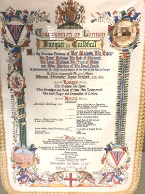 Lot 145 - Two very decorative Corporation of London printed silk Royal Banquet 1995 and Royal Lunch 2000 menus in glazed frames