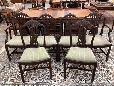 Lot 1496 - Set of six Hepplewhite style mahogany dining chairs, each with arched pierced splat back and slip in seat on square legs and stretchers, including two carvers