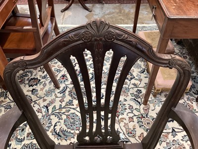 Lot 1496 - Set of six Hepplewhite style mahogany dining chairs, each with arched pierced splat back and slip in seat on square legs and stretchers, including two carvers