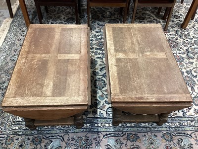 Lot 1497 - Pair of 17th century revival oak drop-leaf low tables, on turned and block supports, 93 x 56cm