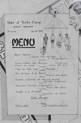 Lot 147 - H.R.H. Prince Albert The Duke of York, amusing signed pen and ink dinner menu for The Duke of York's Camp Staff dinner 1928, signed ' Albert', in glazed frame 36 x21.5 cm