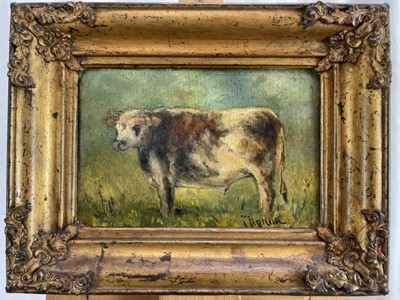 Lot 1341 - English School, oil on panel - A Prize Bull, inscribed, 15cm x 22.5cm, in gilt frame