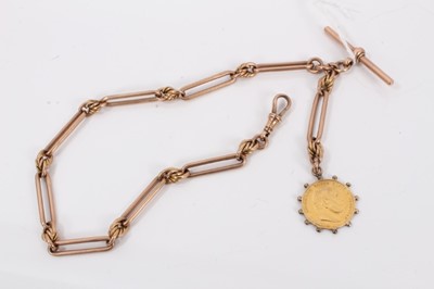 Lot 821 - Edwardian 9ct rose gold fetter link watch chain with a German gold 1878 10 Mark coin fob. Chain 35cm.