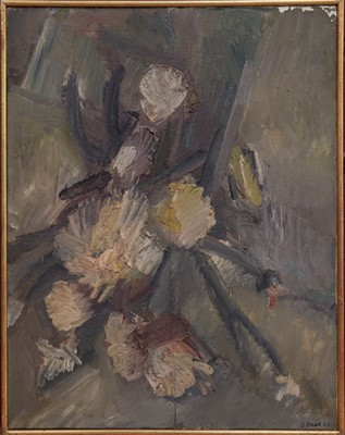 Lot 1353 - Dorothy Mead (1928-1975) Oil on canvas - "Flowers", signed and dated '62, artists label verso, 91cm x 71cm, in gilt frame