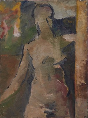 Lot 1354 - Dorothy Mead (1928-1975) oil on canvas - Standing Nude, dated '69, unframed, 101cm x 76cm