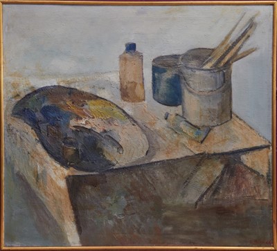 Lot 1355 - Dorothy Mead (1928-1975) oil on canvas - The Artist's Palette, signed and dated '68, 92cm x 102cm, in gilt frame