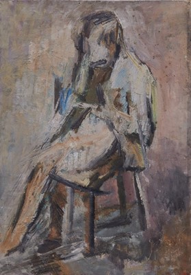 Lot 1357 - Dorothy Mead (1928-1975) oil on canvas - Seated Figure, dated '62, unframed, 102xm x 72cm