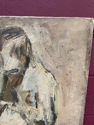 Lot 1357 - Dorothy Mead (1928-1975) oil on canvas - Seated Figure, dated '62, unframed, 102xm x 72cm