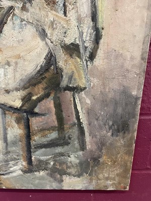 Lot 1357 - Dorothy Mead (1928-1975) oil on canvas - Seated Figure, dated '62, unframed, 102xm x 72cm