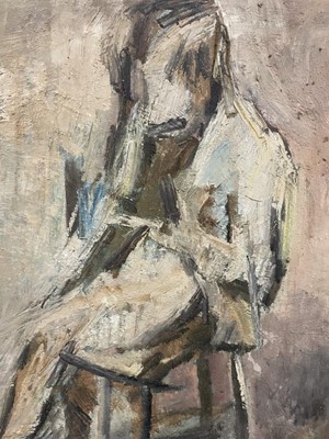 Lot 1357 - Dorothy Mead (1928-1975) oil on canvas - Seated Figure, dated '62, unframed, 102xm x 72cm