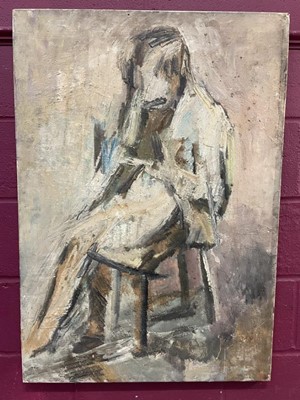 Lot 1357 - Dorothy Mead (1928-1975) oil on canvas - Seated Figure, dated '62, unframed, 102xm x 72cm