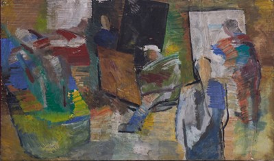 Lot 1358 - Dorothy Mead (1928-1975) oil on canvas - The Art Class, dated '68, unframed, 132cm x 224cm