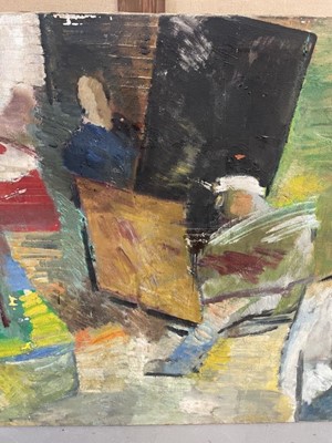 Lot 1358 - Dorothy Mead (1928-1975) oil on canvas - The Art Class, dated '68, unframed, 132cm x 224cm