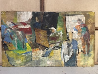 Lot 1358 - Dorothy Mead (1928-1975) oil on canvas - The Art Class, dated '68, unframed, 132cm x 224cm