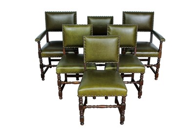 Lot 1499 - Set of six Carolean style leather upholstered dining chairs, raised on turned and block supports, to include pair of carvers