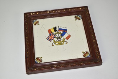 Lot 547 - First World War tranfer printed tile, depicting the allied flags, captioned 'For right and freedom', 19.5 x 19.5cm.