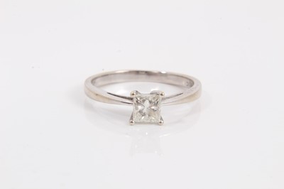 Lot 839 - Diamond single stone ring with a princess cut diamond estimated to weigh approximately 0.50cts, in four claw setting on 18ct white gold  shank