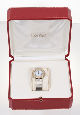 Lot 585 - Cartier Santos de Cartier wristwatch with white enamel dial, black enamel Roman numerals, blued steel hands, quartz movement, in circular stainless steel 32mm case, on a bi-metal bracelet with depl...