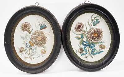 Lot 1063 - An unusual pair of 19th century plaster relief pictures of flowers, polychrome painted, in glazed ebonised frames, one signed 'Mrs Wood' verso, the other signed 'William Irwin York December 14 1845...