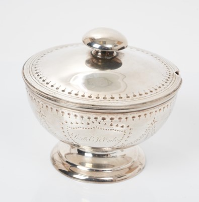 Lot 558 - Victorian silver sucrier and cover, of circular form with domed slip in cover, raised on pedestal foot, (London 1869), maker Henry Holland, 6ozs, 10cm in height.