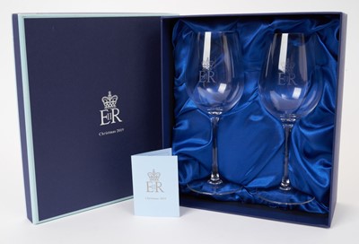 Lot 159 - H.M.Queen Elizabeth II 2019 Royal Household Christmas present, pair wine glasses with etched crowned ERII cipher in fitted box with Royal cipher and 2019 to lid.