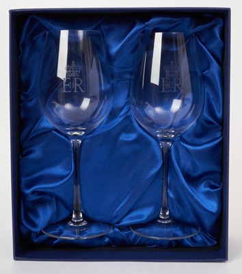 Lot 159 - H.M.Queen Elizabeth II 2019 Royal Household Christmas present, pair wine glasses with etched crowned ERII cipher in fitted box with Royal cipher and 2019 to lid.